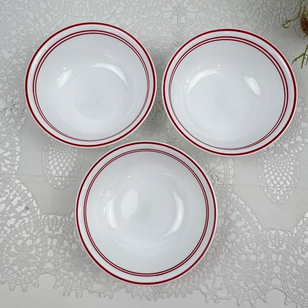 Corelle Vitrelle 3 Coupe Cereal Soup BowlsC lassic Cafe Red White Red Band Edge - Picture 7 of 10